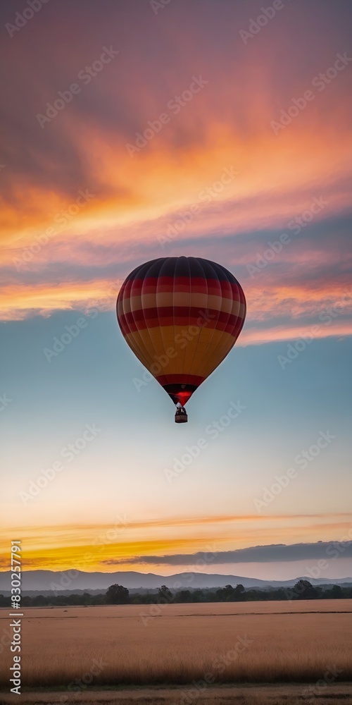 Fototapeta premium Hot air balloon ride in the sky above landscape at sunrise or sunset. Tourism, travel attraction and adventure concept. Generated AI