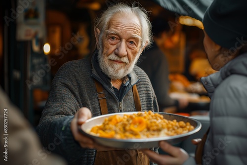 Volunteer hands giving to poor old homeless man food. Donation  charity  sharing  help and hope concept