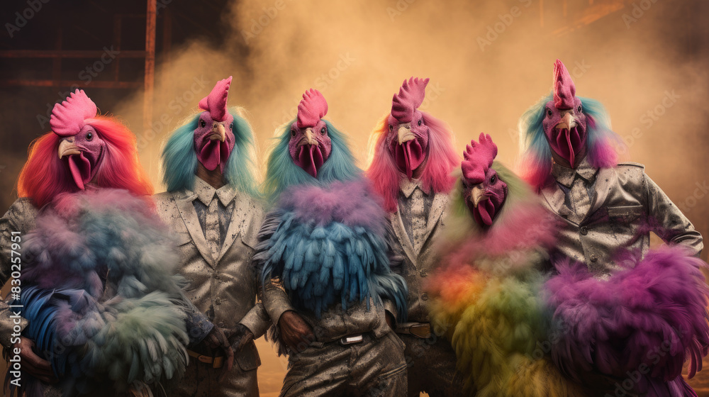 Surreal illustration, colorful roosters in human clothes. The concept of a humanized animal.