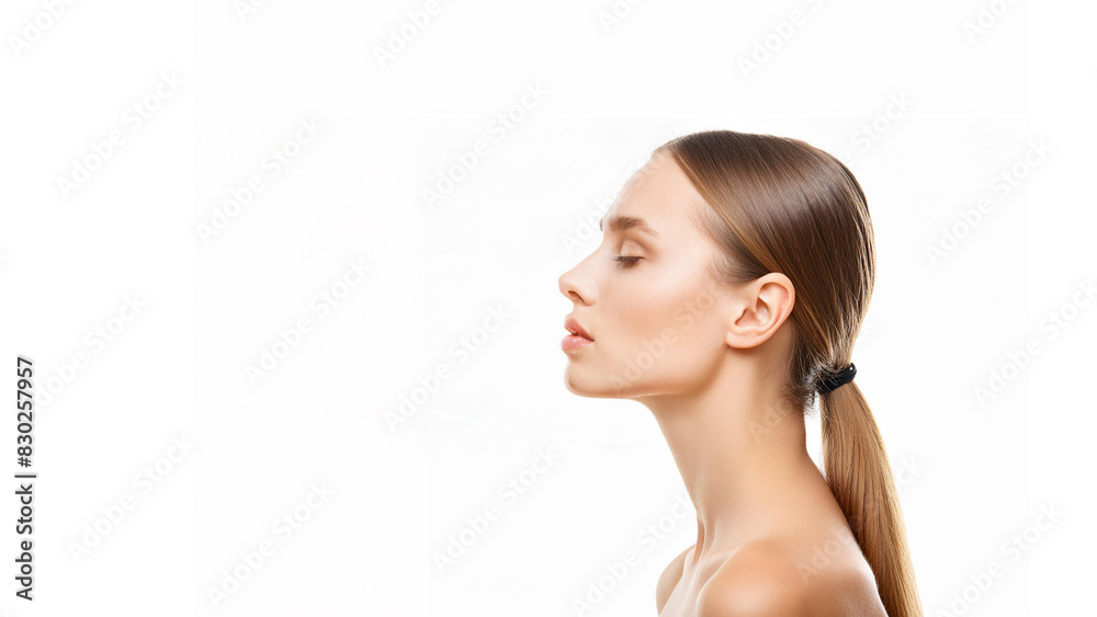 Beautiful young woman with perfect, fresh, clear skin, with eyes closed in profile. Isolated on white with copy space. Skin care or cosmetics concept. Beautiful young woman with perfect, fresh, clear skin, with eyes closed in profile. Isolated on white with copy space. Skin care or cosmetics concept.