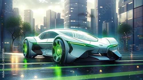 Futuristic electric car 3d illustration. Modern Electric Vehicle with neon lights. Electric Vehicle. Futuristic electric car. Electric cars of the future, 3d illustration. 