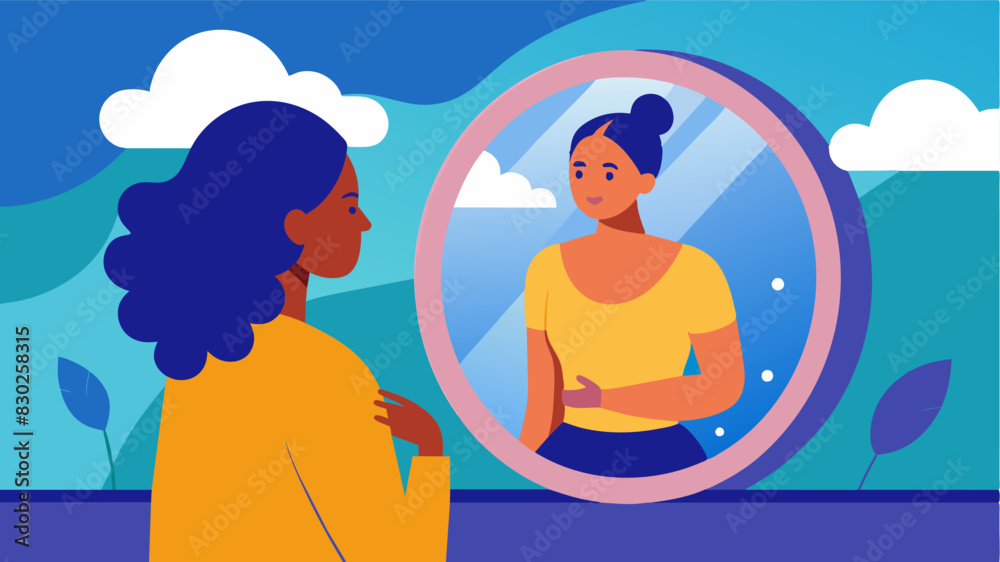 A person looking at their reflection with awe and pride realizing that their body is a beautiful and unique work of art.. Vector illustration