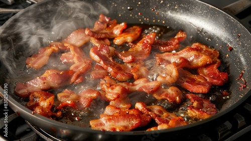 Cooking frozen bacon strips in a frying pan or skillet photo