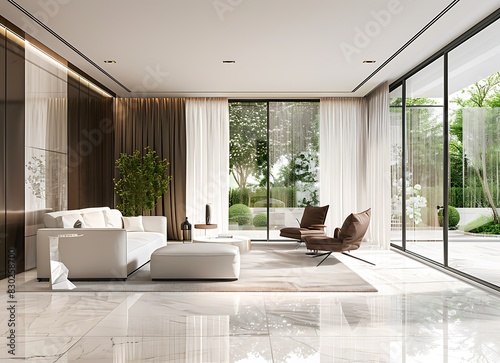 Beautiful modern living room with a white sofa and chairs  large windows  sliding glass doors to the garden  floor-to-ceiling curtain on a brown wall