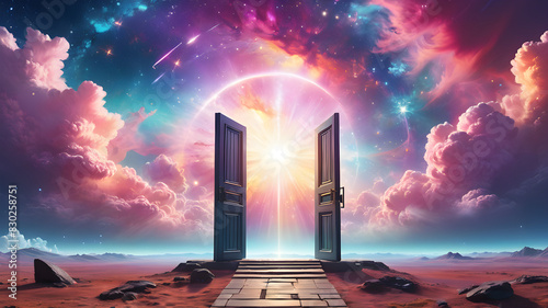 Gateway to the Cosmic: Abstract Door to the Three-Dimensional Universe photo