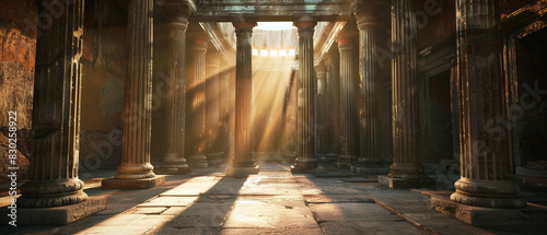 Inside of ancient greek temple, interiors illuminated by natural light with beautiful carved columns