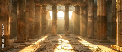 Inside of ancient greek temple, interiors illuminated by natural light with beautiful carved columns