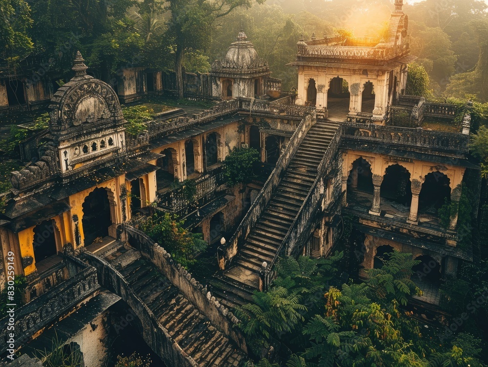A crumbling palace nestled amidst lush greenery, its once-grand halls ...