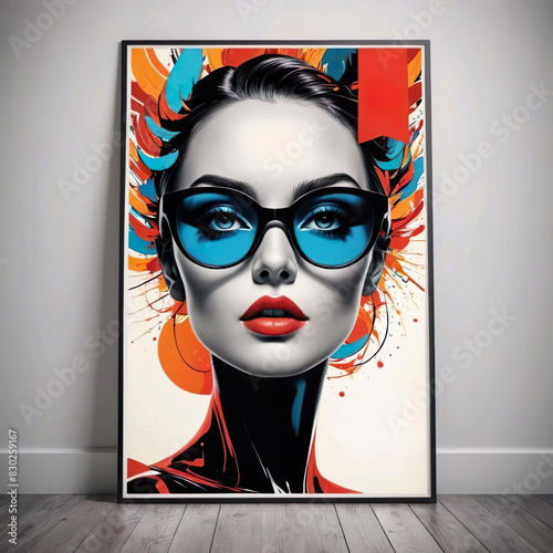 Mockup poster 3d cara de mujer maquillada en blanco y labios rojos con gafas de sol azules rodeada de colores