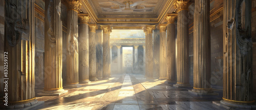 Inside of ancient greek temple, interiors illuminated by natural light with beautiful carved columns