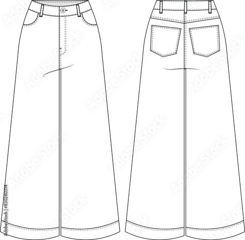 mid high rise wais wide leg denim jean pant trouser template technical drawing flat sketch cad mockup fashion woman design style model
