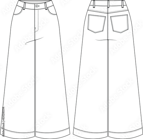 mid high rise wais wide leg denim jean pant trouser template technical drawing flat sketch cad mockup fashion woman design style model
 photo