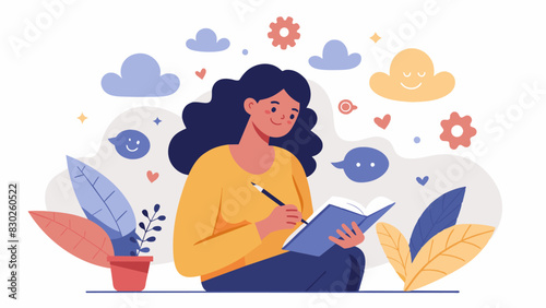 A woman journaling positive thoughts and accomplishments using selftalk to celebrate and build selfesteem.. Vector illustration