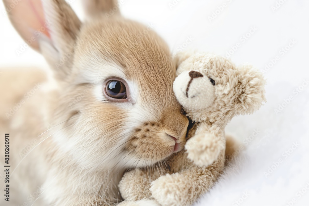 Cute brown rabbit snuggles affectionately with a small teddy bear, both resting on a soft white surface, creating a heartwarming image of friendship and comfort