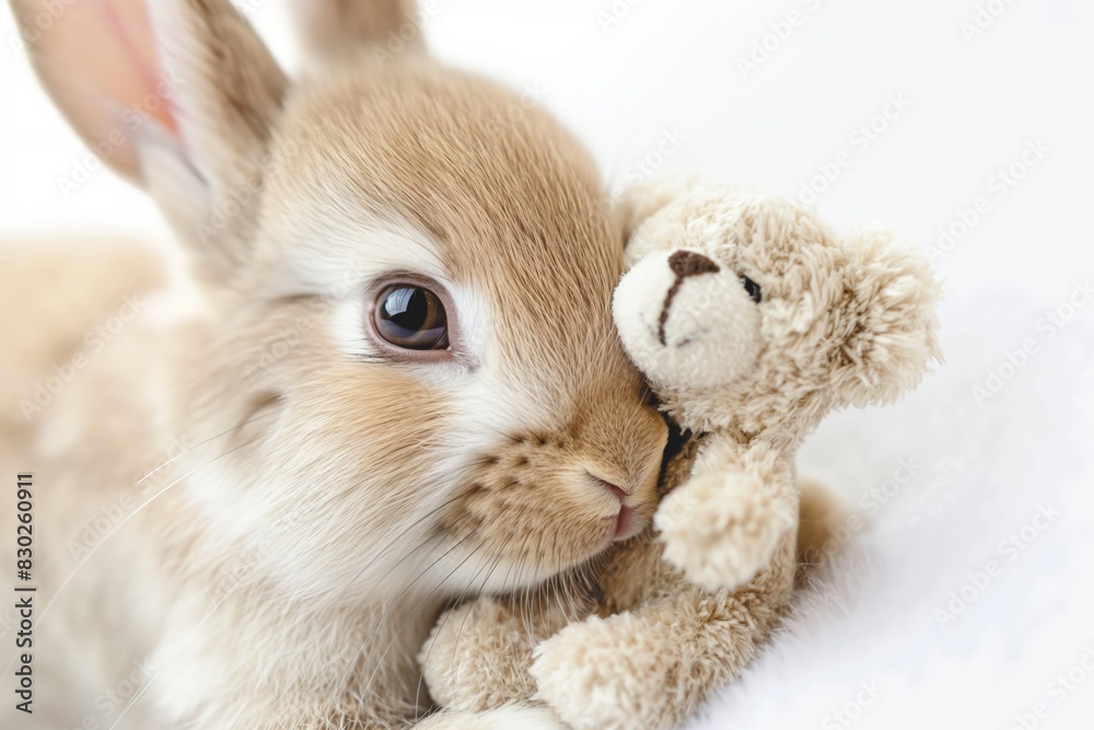 Fototapeta premium Cute brown rabbit snuggles affectionately with a small teddy bear, both resting on a soft white surface, creating a heartwarming image of friendship and comfort