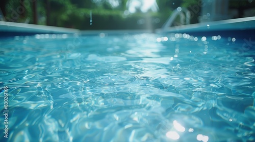  A pool with a blue water surface and trees in the background The water reflects off the pool s surface and mirrors the tree images in its depth