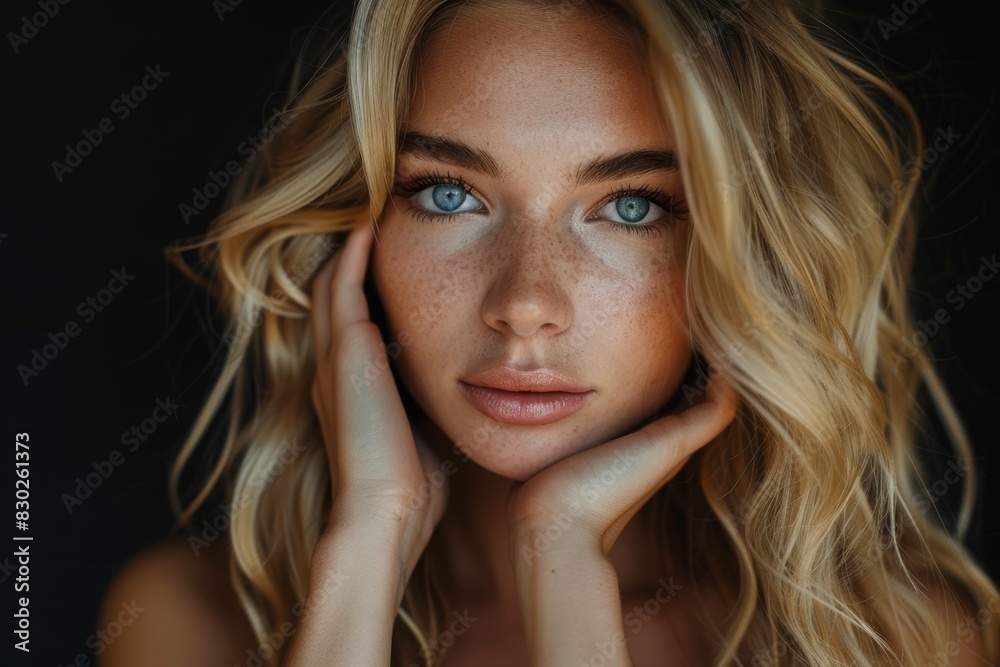 Freckled Blonde Woman with Blue Eyes. Generative AI. Freckled Blonde Woman with Blue Eyes. Generative AI.