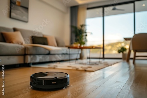 A robot vacuum cleaner autonomously navigating a modern living room. hd photography --ar 3:2  photo