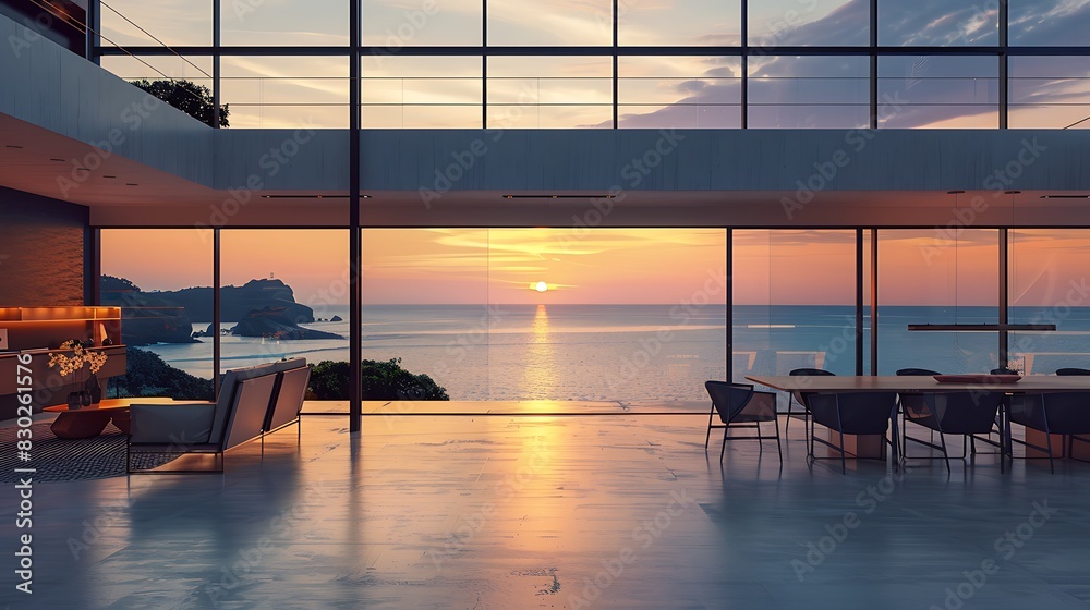 Beautiful modern luxury home interior with large glass windows ...