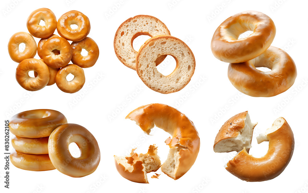 Plain classic bagel bread roll on transparent background cutout, PNG file. Many assorted different design angles, stack, broken, slice, top view. Mockup template for artwork Plain classic bagel bread roll on transparent background cutout, PNG file. Many assorted different design angles, stack, broken, slice, top view. Mockup template for artwork
