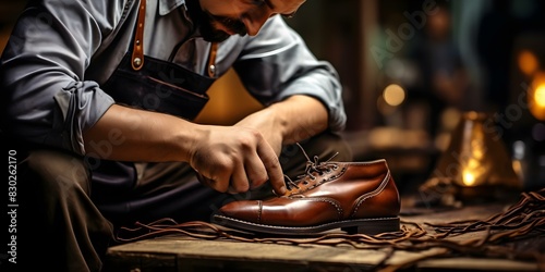 Skilled cobblers craft highquality leather shoes using traditional methods for quality craftsmanship. Concept Leather Shoes, Traditional Craftsmanship, Skilled Cobblers, Quality Materials