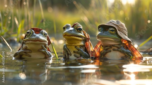 Three Frogs Sitting in Water