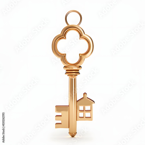 Image of golden key with house shape over bathroom isolated on white background, professional photography, png 