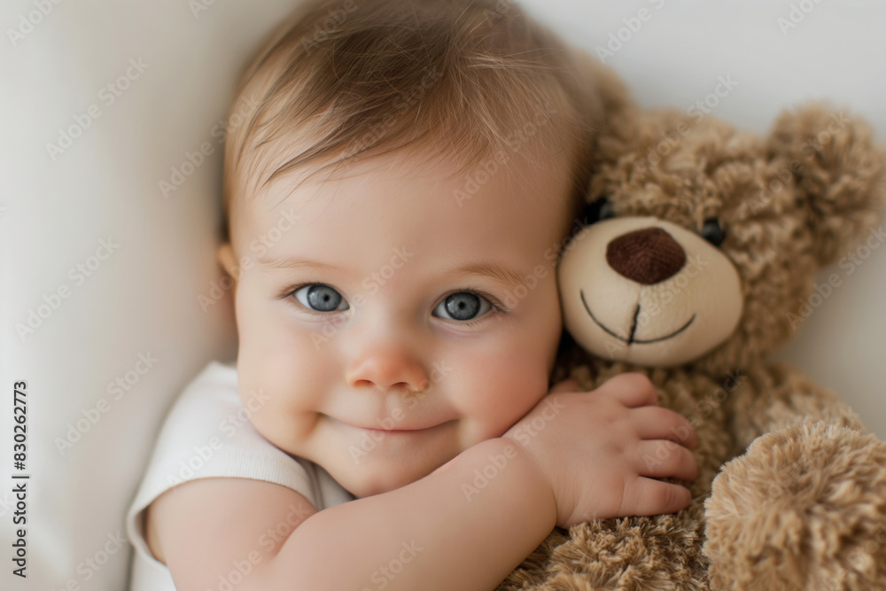 Close-up image capturing a charming moment as an infant with sparkling blue eyes warmly hugs a plush teddy bear, showcasing innocence and the simple joys of childhood Close-up image capturing a charming moment as an infant with sparkling blue eyes warmly hugs a plush teddy bear, showcasing innocence and the simple joys of childhood