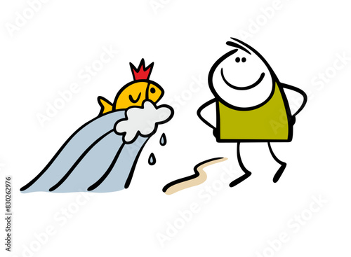 Scene from a fairy tale. Stickman asks you to fulfill your wishes. Vector illustration of a goldfish on a wave. Hand drawn doodle boy on the seashore. Isolated cartoon on white background.