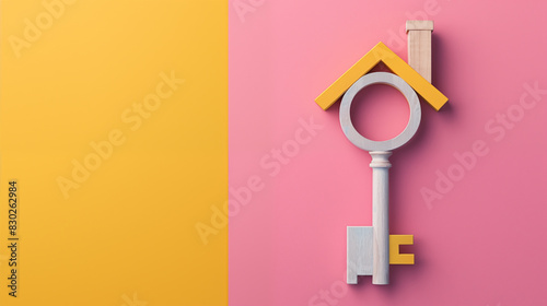 Key in a house shape in the keyhole of the door. Buy a new house concept. Real estate market. Text space and soft yellow and purble background.	