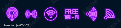 set of purple Wi-Fi wave signal signs isolated on dark background. Vector illustration