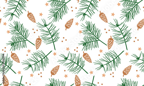 Christmas seamless pattern.Pine branches and cones,Holiday wallpaper and wrapping paper design. vector digital illustration