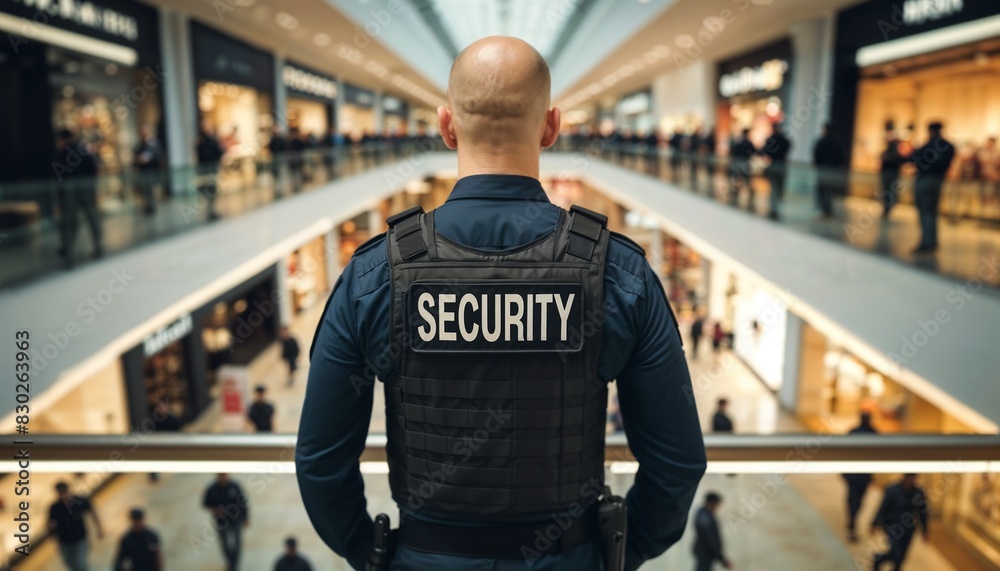 Security Guard Overlooking a Busy Shopping Mall Security Guard Overlooking a Busy Shopping Mall