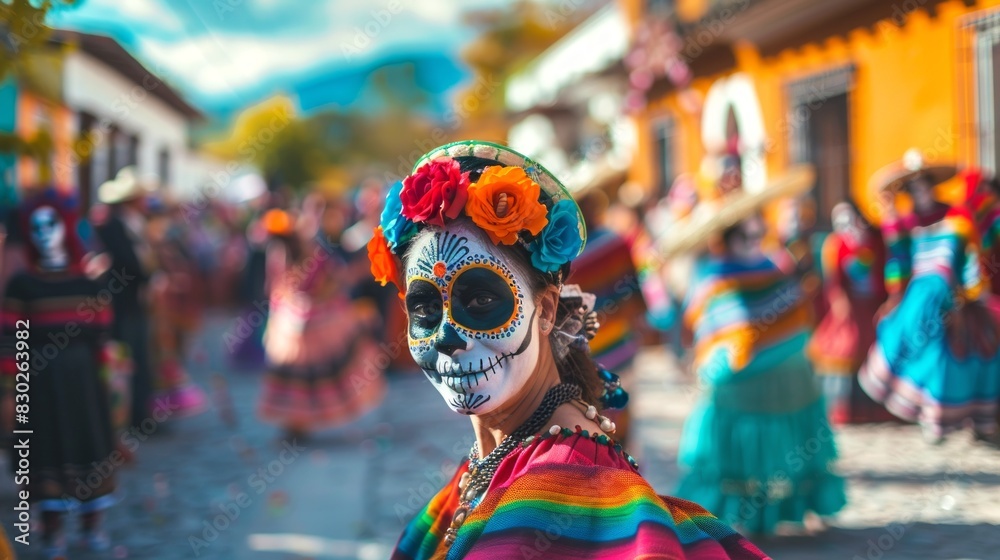 Woman in traditional Day of the Dead costume with face paint. Female dressed for Dia de los Muertos celebration. Concept of cultural tradition, Mexican festivity, folk attire, and festival parade Woman in traditional Day of the Dead costume with face paint. Female dressed for Dia de los Muertos celebration. Concept of cultural tradition, Mexican festivity, folk attire, and festival parade