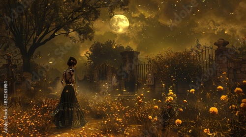 Gothic woman standing in a moonlit graveyard. Female skeleton in a dark cemetery under a full moon. Concept of Day of the Dead. Halloween, gothic, darkness, night, and mysterious beauty. Art