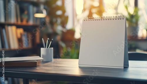 Open notepad on desk with sunlight and greenery photo