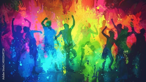 Group of People Dancing in Front of Rainbow Colored Background