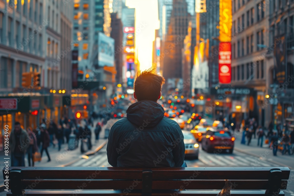 Man on bench overlooking bustling city street Man on bench overlooking bustling city street