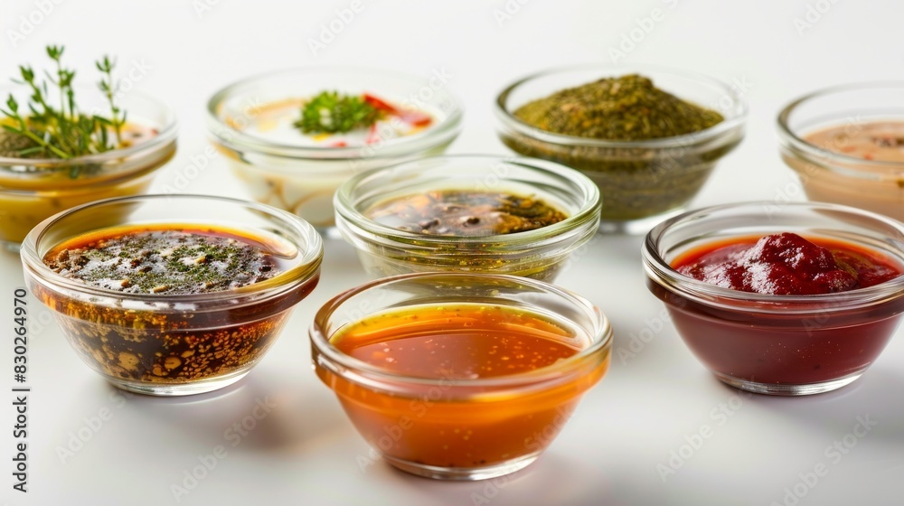 Glass bowls filled with colorful sauces on a white background. Culinary variety, food presentation, cooking, condiment concept Glass bowls filled with colorful sauces on a white background. Culinary variety, food presentation, cooking, condiment concept