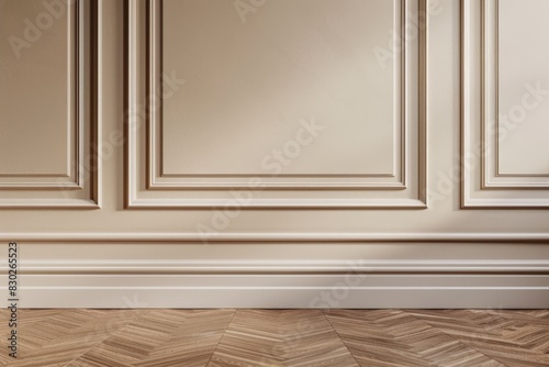 Elegant beige classic wall paneling with wooden floor background