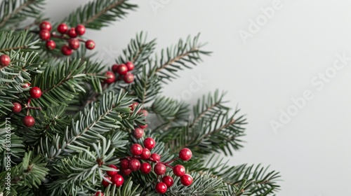  A red-berried Christmas tree branch against a white background, adorned with green needles Ample room for text insertion  in the image's center