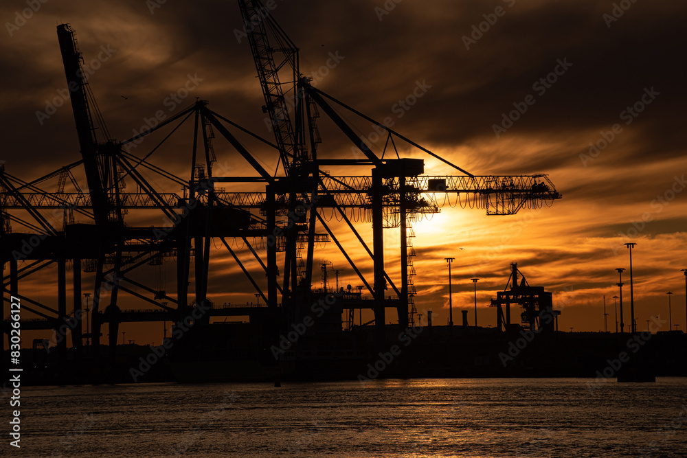 Obraz premium Silhouettes of ship to shore cranes at sunset..