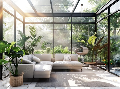 Beautiful modern sunroom with furniture and plants  panoramic windows overlooking the garden
