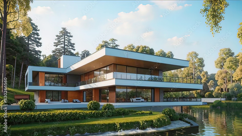 modernist house by the river, Modern exterior design of advanced luxury home, 3D Rendering, modernist house by the river, Modern exterior design of advanced luxury home, 3D Rendering,