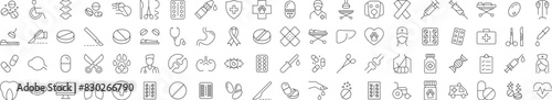 Collection of Line Icons of Medicine, Healthcare, Veterinary. Suitable for books, stores, shops. Editable stroke in minimalistic outline style. Symbol for design