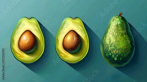 Illustration of a whole avocado and two halves with seeds on a teal background.