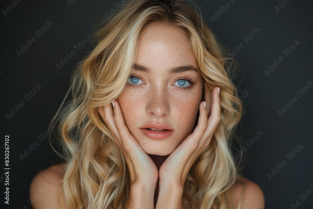 Freckled Blonde Woman with Blue Eyes. Generative AI. Freckled Blonde Woman with Blue Eyes. Generative AI.