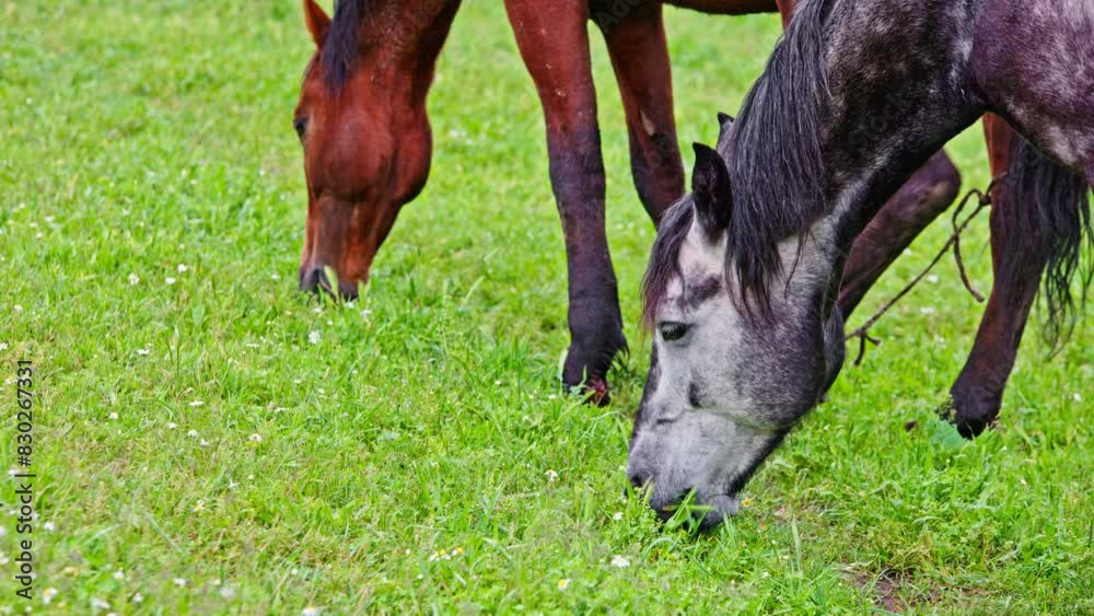 Apple mold gray horse with brown horse are grazing on green pasture at drizzling spring day, closeup. Apple mold gray horse with brown horse are grazing on green pasture at drizzling spring day, closeup.