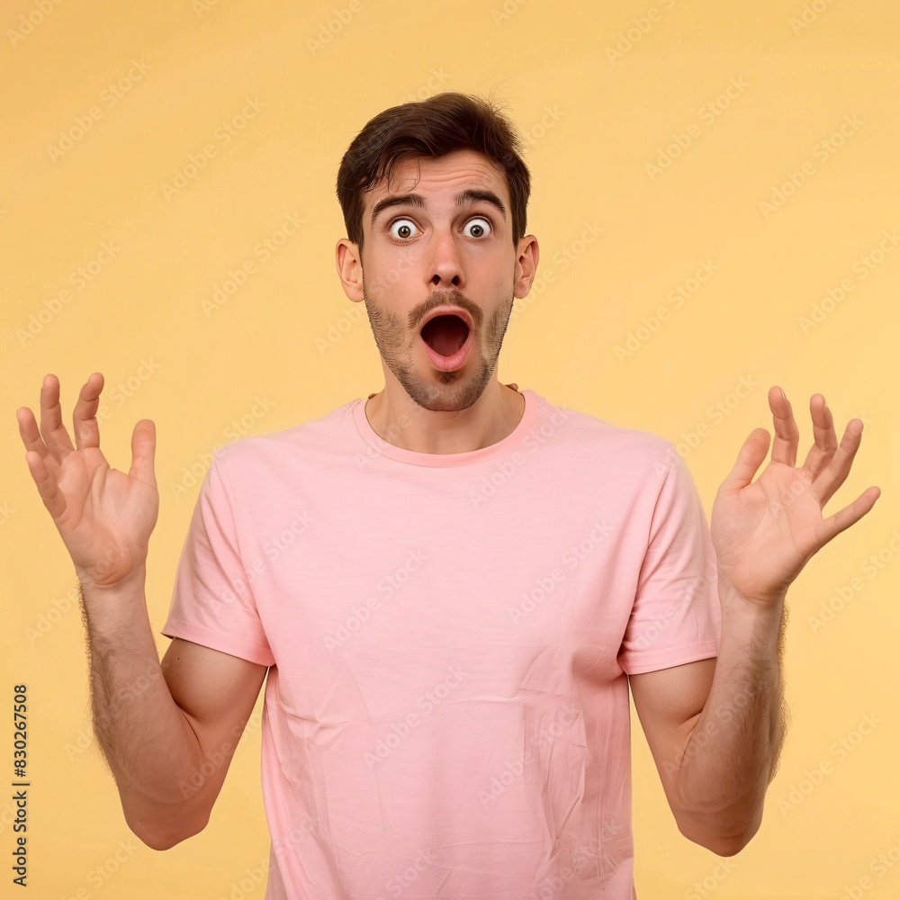 Close up shot of the man in a pink t-shirt with shocked face on yellow background. Amazed grimace Close up shot of the man in a pink t-shirt with shocked face on yellow background. Amazed grimace