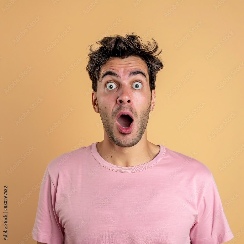 Close up shot of the man in a pink t-shirt with shocked face on yellow background. Amazed grimace Close up shot of the man in a pink t-shirt with shocked face on yellow background. Amazed grimace